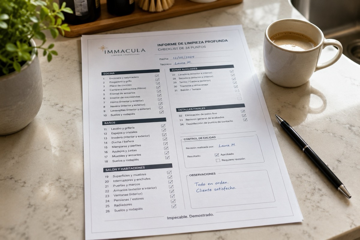 Informe fotográfico de IMMACULA con la checklist de 34 puntos, sobre una encimera