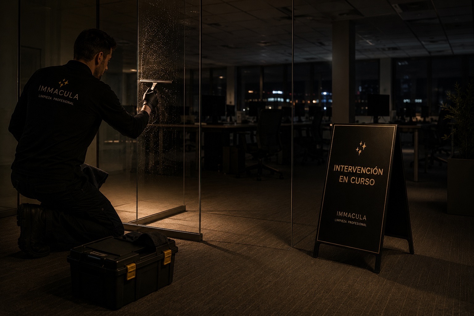 Técnico de IMMACULA limpiando una mampara de cristal en un espacio profesional vacío, junto al cartel de intervención en curso