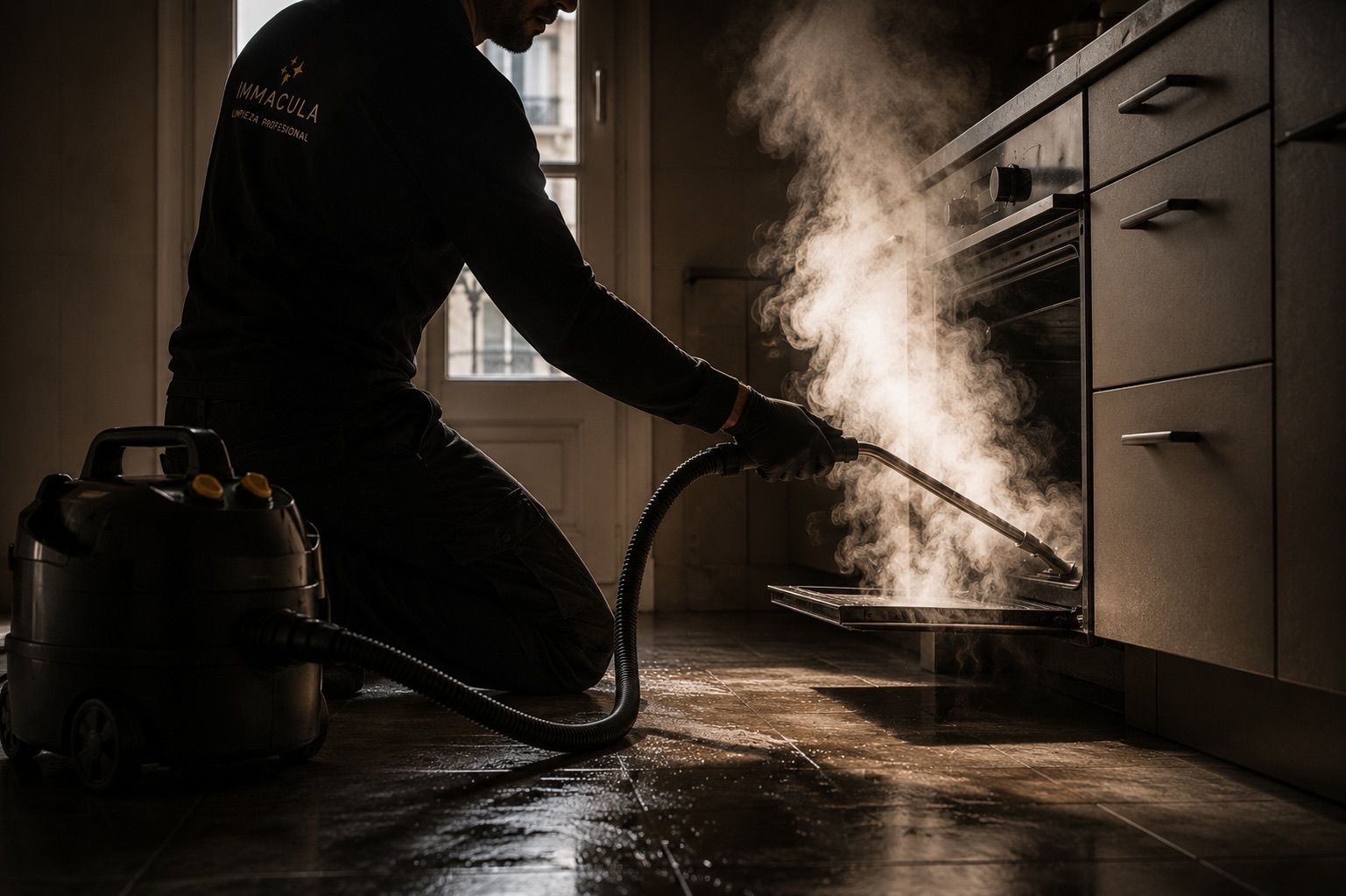 Técnico de IMMACULA aplicando vapor en el interior de un mueble de cocina vacío