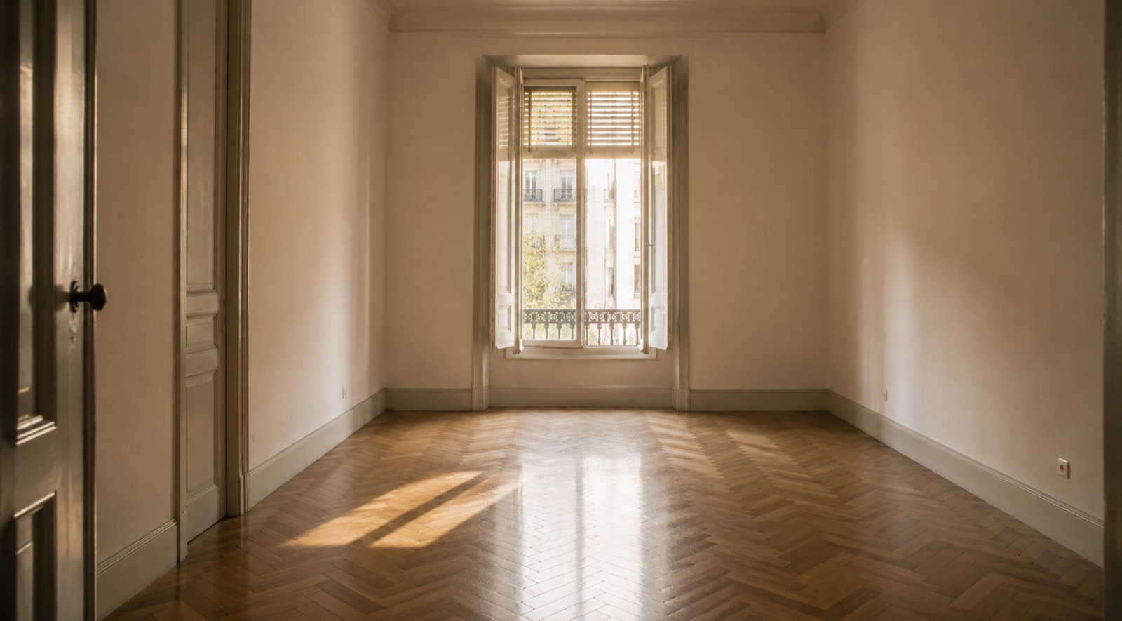 El mismo salón recuperado y vacío, con la luz entrando por el balcón